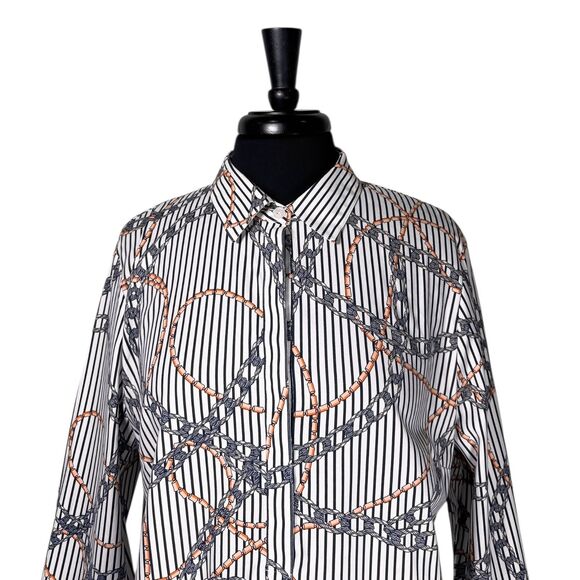 Chicos Womens Shirt 3 XL Navy White Chain Rope Stripe Tunic Stretch Button Top - Picture 5 of 10